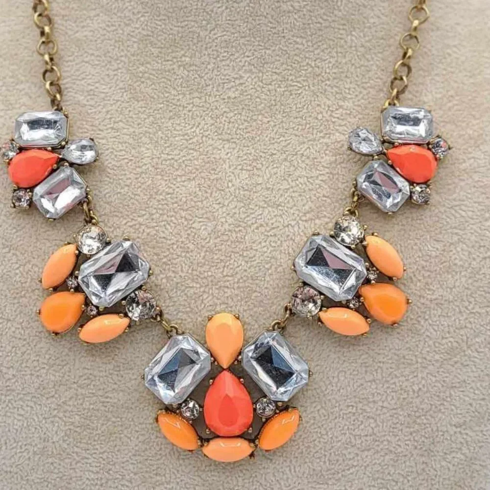 J Crew Large Clear Crystal and Orange Resin Statement Necklace